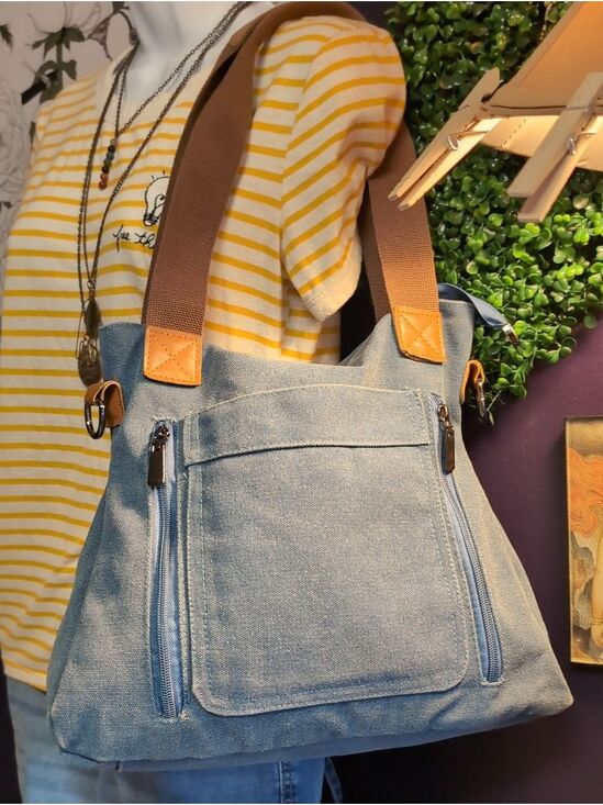 Handbags - Canvas Tote Bag with Front Side Zip Pockets - Denim Blue